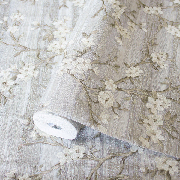 Stylish Floral Wallpaper, White, Silver Embossed Flocked Botanical Blossom Pattern, Bloom Design, Trendy Wall Accent Decoration - Adawall Wallpaper - Registered Trade Accounts Only, Wallpaper Wholesale Account - 1505-1 - Adawall Wholesale - Wallpaper Wholesaler