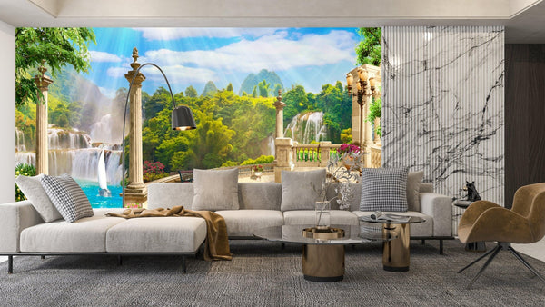 Terrace with Waterfalls Wallpaper, Seascape Mural, Oversized Custom Size Wall Art, Non - Woven, Non - Adhesive, Modern Wall Paper, Removable - Adawall Wallpaper - Registered Trade Accounts Only, Wallpaper Wholesale Account - W77817 - Adawall Wholesale - Wallpaper Wholesaler