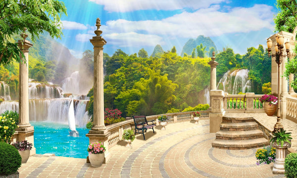 Terrace with Waterfalls Wallpaper, Seascape Mural, Oversized Custom Size Wall Art, Non - Woven, Non - Adhesive, Modern Wall Paper, Removable - Adawall Wallpaper - Registered Trade Accounts Only, Wallpaper Wholesale Account - W77817 - Adawall Wholesale - Wallpaper Wholesaler