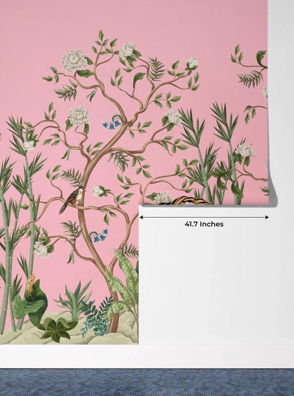 Tigers and Trees Wallpaper, Pink Background Mural, Oversized Custom Size Wall Art, Non - Woven, Non - Adhesive, Modern Wall Paper, Removable - Adawall Wallpaper - Registered Trade Accounts Only, Wallpaper Wholesale Account - W77687 - Adawall Wholesale - Wallpaper Wholesaler