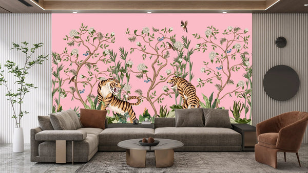 Tigers and Trees Wallpaper, Pink Background Mural, Oversized Custom Size Wall Art, Non - Woven, Non - Adhesive, Modern Wall Paper, Removable - Adawall Wallpaper - Registered Trade Accounts Only, Wallpaper Wholesale Account - W77687 - Adawall Wholesale - Wallpaper Wholesaler