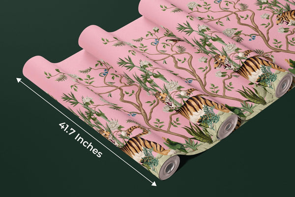 Tigers and Trees Wallpaper, Pink Background Mural, Oversized Custom Size Wall Art, Non - Woven, Non - Adhesive, Modern Wall Paper, Removable - Adawall Wallpaper - Registered Trade Accounts Only, Wallpaper Wholesale Account - W77687 - Adawall Wholesale - Wallpaper Wholesaler