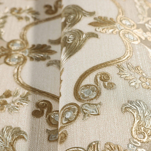 Timeless Design 3D Embossed Damask Wallpaper, Gold, Cream Luxury Velvet Feeling Wallcovering, Large 114 sq ft Roll - Adawall Wallpaper - Registered Trade Accounts Only, Wallpaper Wholesale Account - 1301-4 - Adawall Wholesale - Wallpaper Wholesaler