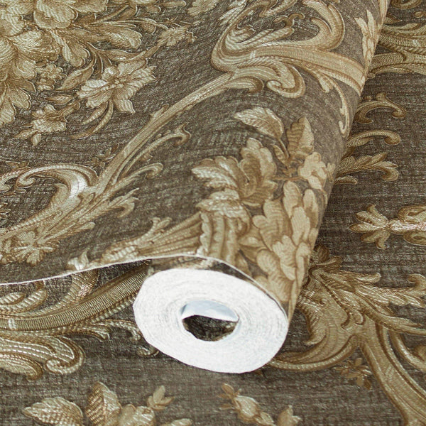 Timeless Velvet Feel Damask Embossed Wallpaper, Brown, Gold 3D Textured, Flocked, Washable, Luxury Wall Decoration - Adawall Wallpaper - Registered Trade Accounts Only, Wallpaper Wholesale Account - 1310-5 - Adawall Wholesale - Wallpaper Wholesaler