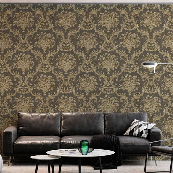 Timeless Velvet Feel Damask Embossed Wallpaper, Brown, Gold 3D Textured, Flocked, Washable, Luxury Wall Decoration - Adawall Wallpaper - Registered Trade Accounts Only, Wallpaper Wholesale Account - 1310-5 - Adawall Wholesale - Wallpaper Wholesaler