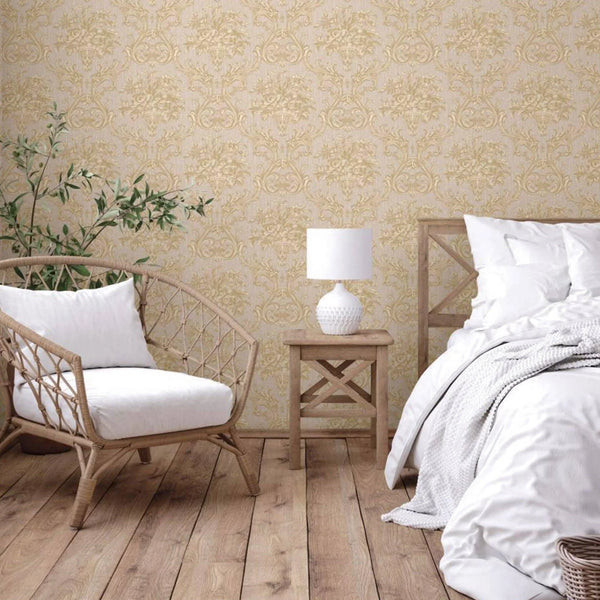 Timeless Velvet Feel Damask Embossed Wallpaper, Cream, Light Gold 3D Textured, Flocked, Washable, Luxury Wall Decoration - Walloro High End Wallcoverings & More
