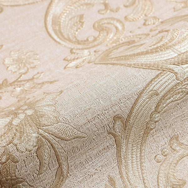 Timeless Velvet Feel Damask Embossed Wallpaper, Cream, Light Gold 3D Textured, Flocked, Washable, Luxury Wall Decoration - Walloro High End Wallcoverings & More
