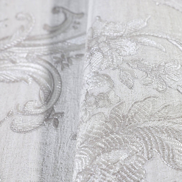 Timeless Velvet Feel Damask Embossed Wallpaper, White, Silver 3D Textured, Flocked, Washable, Luxury Wall Decoration - Walloro High End Wallcoverings & More
