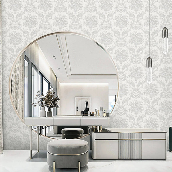 Timeless Velvet Feel Damask Embossed Wallpaper, White, Silver 3D Textured, Flocked, Washable, Luxury Wall Decoration - Adawall Wallpaper - Registered Trade Accounts Only, Wallpaper Wholesale Account - 1310-1 - Adawall Wholesale - Wallpaper Wholesaler