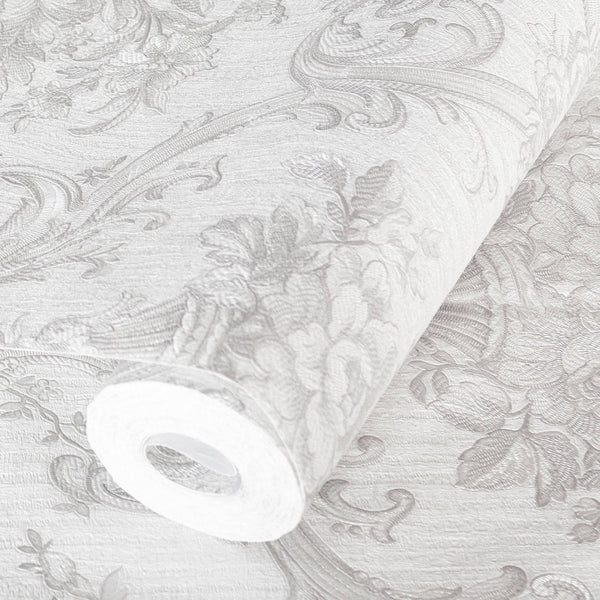Timeless Velvet Feel Damask Embossed Wallpaper, White, Silver 3D Textured, Flocked, Washable, Luxury Wall Decoration - Adawall Wallpaper - Registered Trade Accounts Only, Wallpaper Wholesale Account - 1310-1 - Adawall Wholesale - Wallpaper Wholesaler