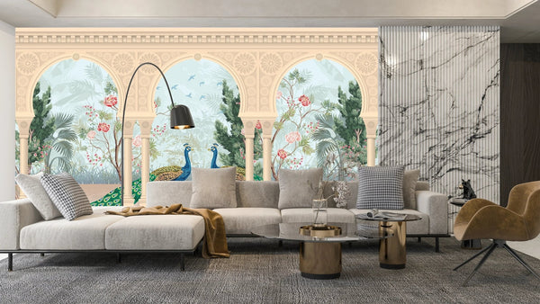 Traditional Mughal Garden Wallpaper, Peacock, Arch Mural, Oversized Custom Size Wall Art, Non - Woven, Non - Adhesive, Modern Wall Paper, Removable - Adawall Wallpaper - Registered Trade Accounts Only, Wallpaper Wholesale Account - W77713 - Adawall Wholesale - Wallpaper Wholesaler