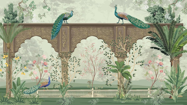 Traditional Mughal Garden Wallpaper, Peacock, Brown Arch Mural, Oversized Custom Size Wall Art, Non - Woven, Non - Adhesive, Modern Wall Paper, Removable - Adawall Wallpaper - Registered Trade Accounts Only, Wallpaper Wholesale Account - W77719 - Adawall Wholesale - Wallpaper Wholesaler