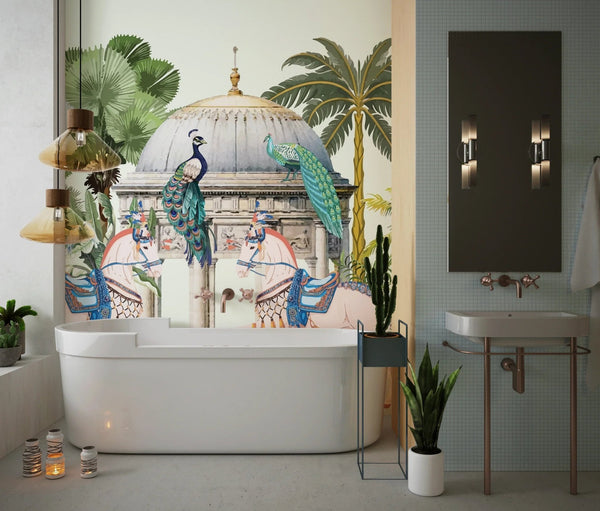 Traditional Mughal Garden Wallpaper, Peacock, Horses Mural, Oversized Custom Size Wall Art, Non - Woven, Non - Adhesive, Modern Wall Paper, Removable - Adawall Wallpaper - Registered Trade Accounts Only, Wallpaper Wholesale Account - W77720 - Adawall Wholesale - Wallpaper Wholesaler