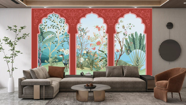 Traditional Mughal Garden Wallpaper, Peacock, Red Arch Mural, Oversized Custom Size Wall Art, Non - Woven, Non - Adhesive, Modern Wall Paper, Removable - Adawall Wallpaper - Registered Trade Accounts Only, Wallpaper Wholesale Account - W77714 - Adawall Wholesale - Wallpaper Wholesaler