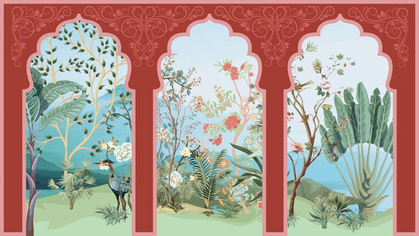 Traditional Mughal Garden Wallpaper, Peacock, Red Arch Mural, Oversized Custom Size Wall Art, Non - Woven, Non - Adhesive, Modern Wall Paper, Removable - Adawall Wallpaper - Registered Trade Accounts Only, Wallpaper Wholesale Account - W77714 - Adawall Wholesale - Wallpaper Wholesaler