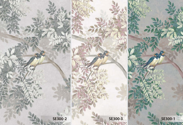 Tree Leaves Wall Mural, Birds Chinoiserie Wallpaper, Gray Oversized Botanical Custom Size Wall Paper, Non - Woven, Modern Wall Art, Non - Pasted, Removable - Adawall Wallpaper - Registered Trade Accounts Only, Wallpaper Wholesale Account - SE300-2 - Adawall Wholesale - Wallpaper Wholesaler