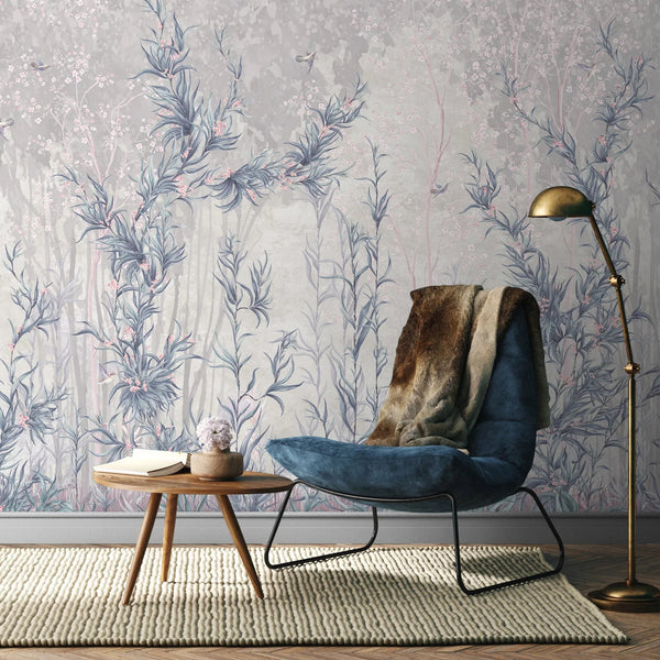 Tree Wall Mural, Blue Flowers Blossom Wallpaper, Extra Large Oversized Stylish Custom Size Wall Covering, Non - Woven, Non - Adhesive, Modern - Adawall Wallpaper - Registered Trade Accounts Only, Wallpaper Wholesale Account - SE317-2 - Adawall Wholesale - Wallpaper Wholesaler