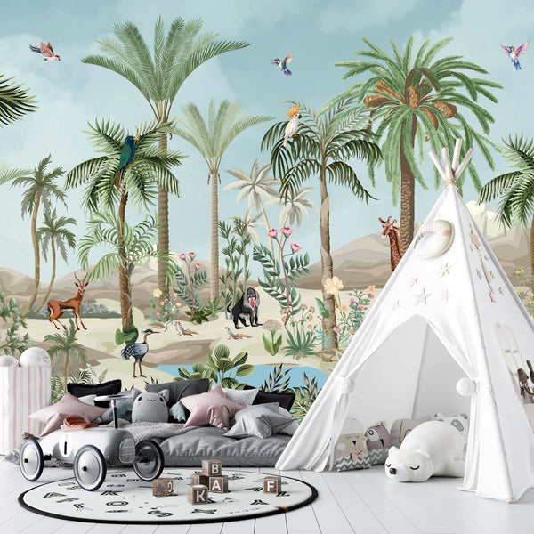 Tropic Animals Wallpaper, Palms and Plants Mural, Oversized Custom Size Wall Art, Non - Woven, Non - Adhesive, Modern Wall Paper, Removable - Adawall Wallpaper - Registered Trade Accounts Only, Wallpaper Wholesale Account - W77898 - Adawall Wholesale - Wallpaper Wholesaler