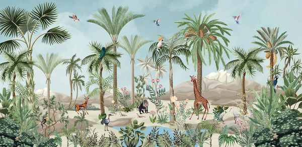 Tropic Animals Wallpaper, Palms and Plants Mural, Oversized Custom Size Wall Art, Non - Woven, Non - Adhesive, Modern Wall Paper, Removable - Adawall Wallpaper - Registered Trade Accounts Only, Wallpaper Wholesale Account - W77898 - Adawall Wholesale - Wallpaper Wholesaler
