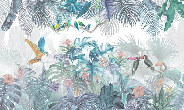 Tropic Jungle Scene Wallpaper, Parrots Mural, Oversized Custom Size Wall Art, Non - Woven, Non - Adhesive, Modern Wall Paper, Removable - Adawall Wallpaper - Registered Trade Accounts Only, Wallpaper Wholesale Account - W77831 - Adawall Wholesale - Wallpaper Wholesaler
