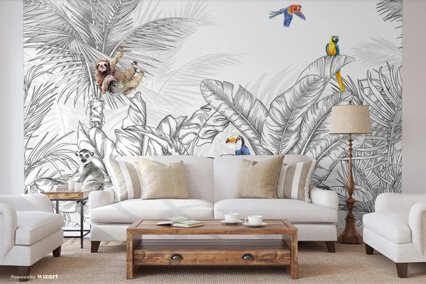 Tropical Animals Wallpaper, Blue Drawing Wall Mural, Custom Size Wall Covering, Non - Woven, Non - Pasted, Removable, Art - Adawall Wallpaper - Registered Trade Accounts Only, Wallpaper Wholesale Account - FJ307-2 - Adawall Wholesale - Wallpaper Wholesaler