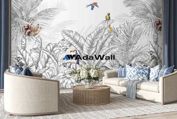 Tropical Animals Wallpaper, Blue Drawing Wall Mural, Custom Size Wall Covering, Non - Woven, Non - Pasted, Removable, Art - Adawall Wallpaper - Registered Trade Accounts Only, Wallpaper Wholesale Account - FJ307-2 - Adawall Wholesale - Wallpaper Wholesaler