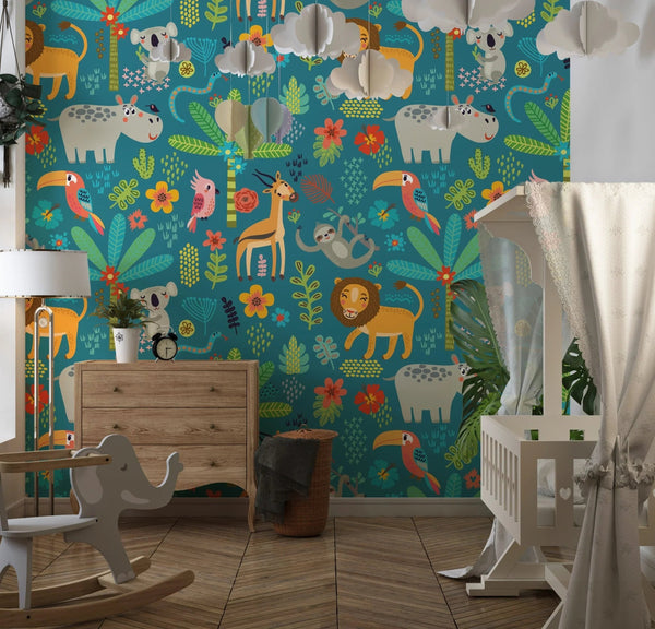Tropical Animals Wallpaper, Green Background Mural, Oversized Custom Size Wall Art, Non - Woven, Non - Adhesive, Modern Wall Paper, Removable - Adawall Wallpaper - Registered Trade Accounts Only, Wallpaper Wholesale Account - W77542 - Adawall Wholesale - Wallpaper Wholesaler