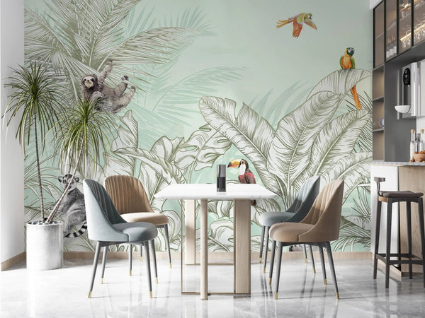 Tropical Animals Wallpaper, Green Drawing Wall Mural, Custom Size Wall Covering, Non - Woven, Non - Pasted, Removable, Art - Adawall Wallpaper - Registered Trade Accounts Only, Wallpaper Wholesale Account - FJ307-3 - Adawall Wholesale - Wallpaper Wholesaler