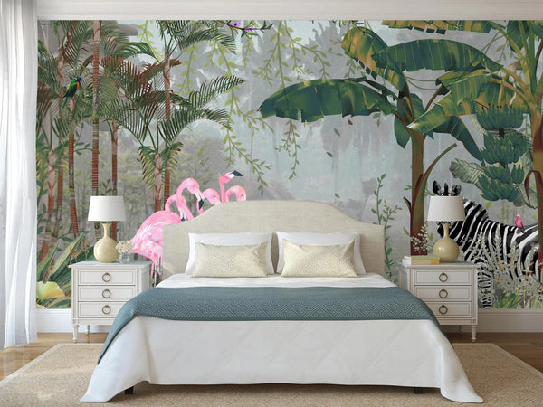 Tropical Forest Wall Mural, Flamingos, Zebra, Animals Wallpaper, Custom Size, Dark Green Oversized Print, Wall Art, Nature Theme, Jungle, Removable - Walloro High End Wallcoverings & More