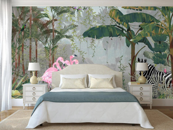 Tropical Forest Wall Mural, Flamingos, Zebra, Animals Wallpaper, Custom Size, Dark Green Oversized Print, Wall Art, Nature Theme, Jungle, Removable - Adawall Wallpaper - Registered Trade Accounts Only, Wallpaper Wholesale Account - A313-3 - Adawall Wholesale - Wallpaper Wholesaler