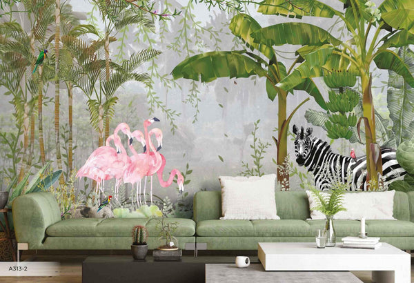 Tropical Forest Wall Mural, Flamingos, Zebra, Animals Wallpaper, Custom Size, Green Oversized Print, Wall Art, Nature Theme, Jungle, Removable - Adawall Wallpaper - Registered Trade Accounts Only, Wallpaper Wholesale Account - A313-2 - Adawall Wholesale - Wallpaper Wholesaler