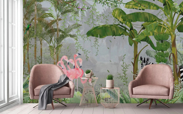 Tropical Forest Wall Mural, Flamingos, Zebra, Animals Wallpaper, Custom Size, Green Oversized Print, Wall Art, Nature Theme, Jungle, Removable - Adawall Wallpaper - Registered Trade Accounts Only, Wallpaper Wholesale Account - A313-2 - Adawall Wholesale - Wallpaper Wholesaler