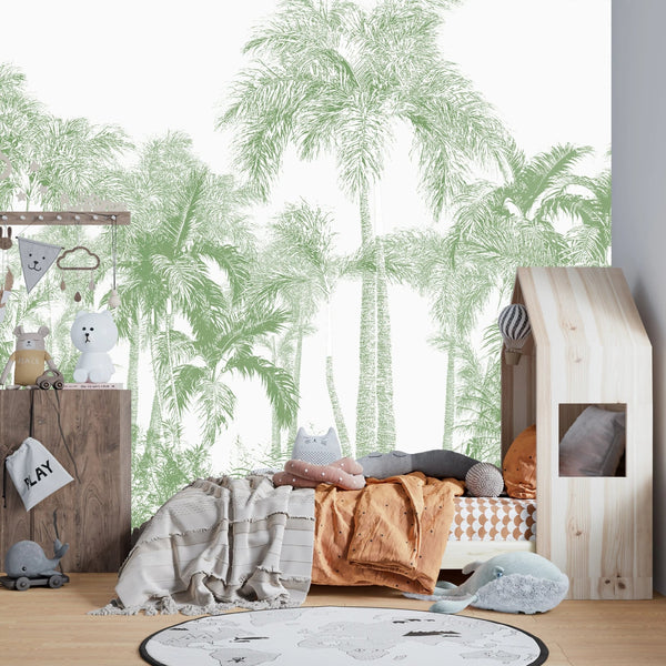 Tropical Green Trees Wallpaper, White Background Mural, Oversized Custom Size Wall Art, Non - Woven, Non - Adhesive, Modern Wall Paper, Removable - Adawall Wallpaper - Registered Trade Accounts Only, Wallpaper Wholesale Account - W78149 - Adawall Wholesale - Wallpaper Wholesaler