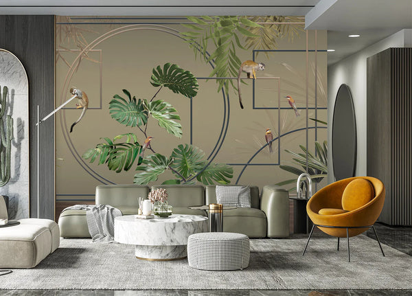 Tropical Jungle Wall Mural, Forest Wallpaper, Green Tree Leaf Bird, Custom Size, Non-Woven, Modern Wall Paper, Non-Pasted, Washable, Removable - Walloro High End Wallcoverings & More