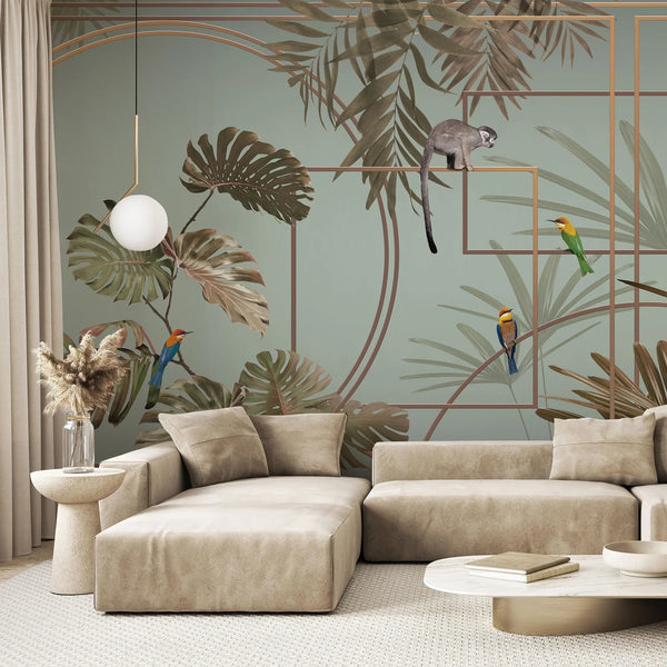 Tropical Jungle Wall Mural, Forest Wallpaper, Light Green Tree Leaf Bird, Custom Size, Non - Woven, Modern Wall Paper, Non - Pasted, Washable, Removable - Adawall Wallpaper - Registered Trade Accounts Only, Wallpaper Wholesale Account - FJ300-2 - Adawall Wholesale - Wallpaper Wholesaler
