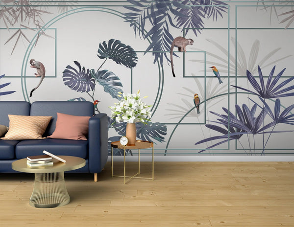 Tropical Jungle Wall Mural, Forest Wallpaper, Purple Tree Leaf Bird, Custom Size, Non - Woven, Modern Wall Paper, Non - Pasted, Washable, Removable - Adawall Wallpaper - Registered Trade Accounts Only, Wallpaper Wholesale Account - FJ300-1 - Adawall Wholesale - Wallpaper Wholesaler