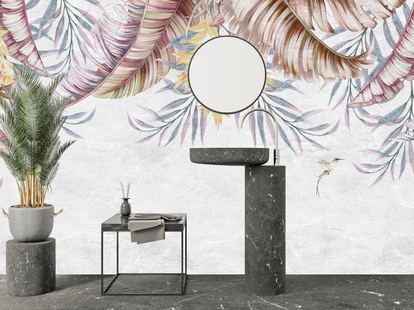 Tropical Leaves Wallpaper, Hummingbirds Mural, Oversized Custom Size Wall Art, Non - Woven, Non - Adhesive, Modern Wall Paper, Removable - Adawall Wallpaper - Registered Trade Accounts Only, Wallpaper Wholesale Account - W77814 - Adawall Wholesale - Wallpaper Wholesaler