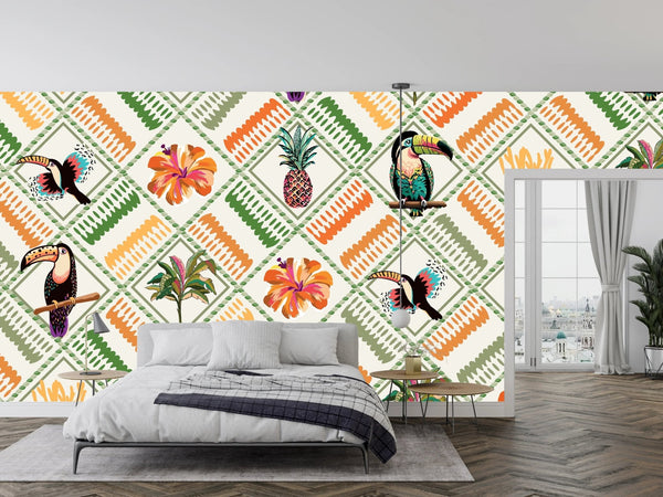 Tropical, Parrot, Pineapple Wallpaper, Seamless Pattern Mural, Oversized Custom Size Wall Art, Non - Woven, Non - Adhesive, Modern Wall Paper, Removable - Adawall Wallpaper - Registered Trade Accounts Only, Wallpaper Wholesale Account - W77859 - Adawall Wholesale - Wallpaper Wholesaler