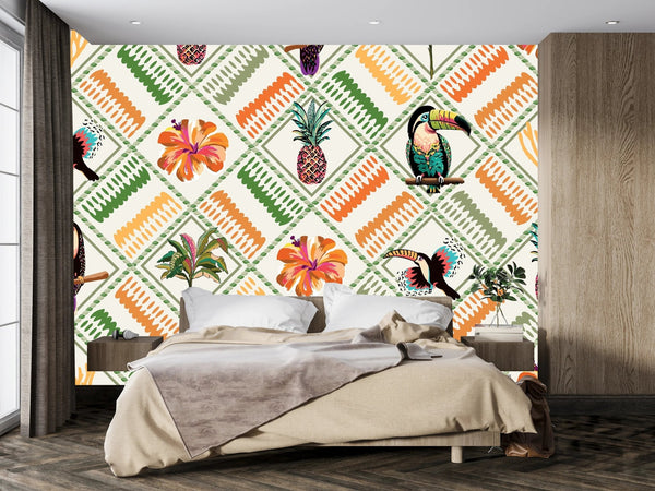 Tropical, Parrot, Pineapple Wallpaper, Seamless Pattern Mural, Oversized Custom Size Wall Art, Non - Woven, Non - Adhesive, Modern Wall Paper, Removable - Adawall Wallpaper - Registered Trade Accounts Only, Wallpaper Wholesale Account - W77859 - Adawall Wholesale - Wallpaper Wholesaler