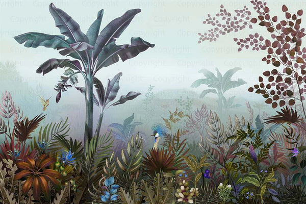 Tropical Theme Wall Mural, Blue Nature Birds Palm Tree Leaves Wallpaper, Customized Wall Art, Large Store Shop Wall Paper, Jungle, Forest Theme - Adawall Wallpaper - Registered Trade Accounts Only, Wallpaper Wholesale Account - A320-2 - Adawall Wholesale - Wallpaper Wholesaler