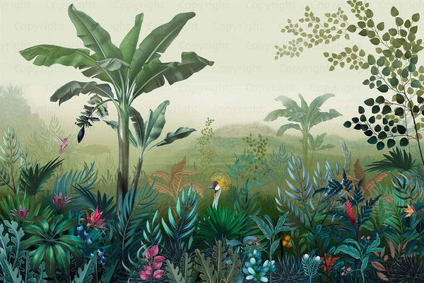 Tropical Theme Wall Mural, Green Nature Birds Palm Tree Leaves Wallpaper, Customized Wall Art, Large Store Shop Wall Paper, Jungle, Forest Theme - Adawall Wallpaper - Registered Trade Accounts Only, Wallpaper Wholesale Account - A320-1 - Adawall Wholesale - Wallpaper Wholesaler