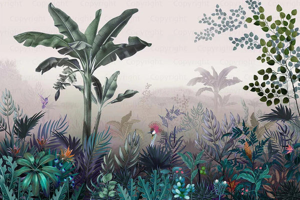 Tropical Theme Wall Mural, Light Green Nature Birds Palm Tree Leaves Wallpaper, Customized Wall Art, Large Store Shop Wall Paper, Jungle, Forest Theme - Adawall Wallpaper - Registered Trade Accounts Only, Wallpaper Wholesale Account - A320-3 - Adawall Wholesale - Wallpaper Wholesaler