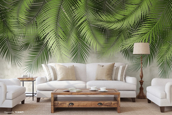 Tropical Tree Leaves Wallpaper, Above the Bed Wall Mural, Green Leaves Custom Size Wall Covering, Non-Woven, Non-Pasted, Washable, Removable - Walloro High End Wallcoverings & More
