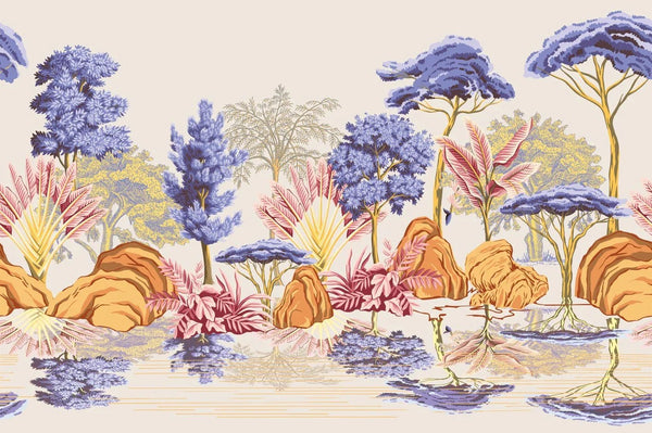 Tropical Vintage Landscape Wallpaper, Purple Trees Wall Mural, Oversized Custom Size Wall Art, Non - Woven, Non - Adhesive, Modern Wall Paper, Removable - Adawall Wallpaper - Registered Trade Accounts Only, Wallpaper Wholesale Account - W77487 - Adawall Wholesale - Wallpaper Wholesaler
