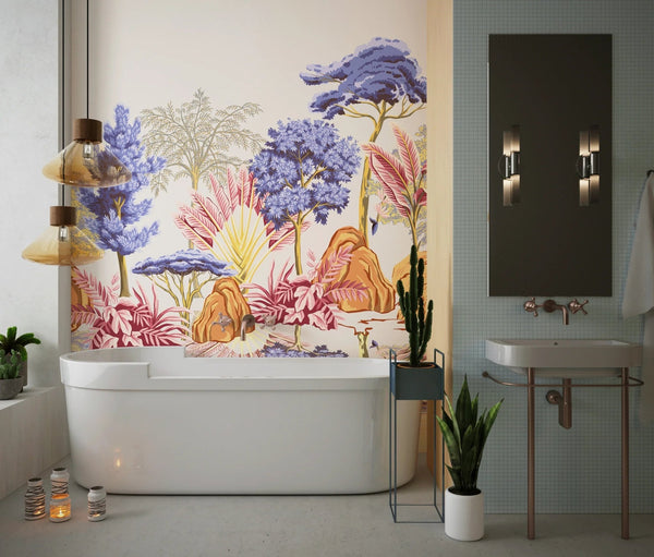 Tropical Vintage Landscape Wallpaper, Purple Trees Wall Mural, Oversized Custom Size Wall Art, Non - Woven, Non - Adhesive, Modern Wall Paper, Removable - Adawall Wallpaper - Registered Trade Accounts Only, Wallpaper Wholesale Account - W77487 - Adawall Wholesale - Wallpaper Wholesaler