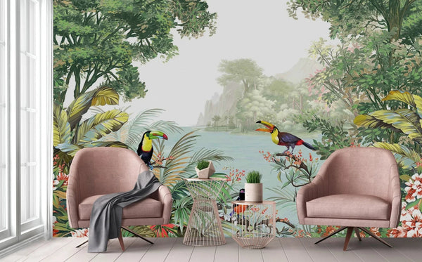 Tropical Wall Mural Art, Birds Forest Nature Theme Wallpaper, Interior Design Wall Covering, Non - Woven, Non - Pasted, Removable, Washable - Adawall Wallpaper - Registered Trade Accounts Only, Wallpaper Wholesale Account - A323-1 - Adawall Wholesale - Wallpaper Wholesaler