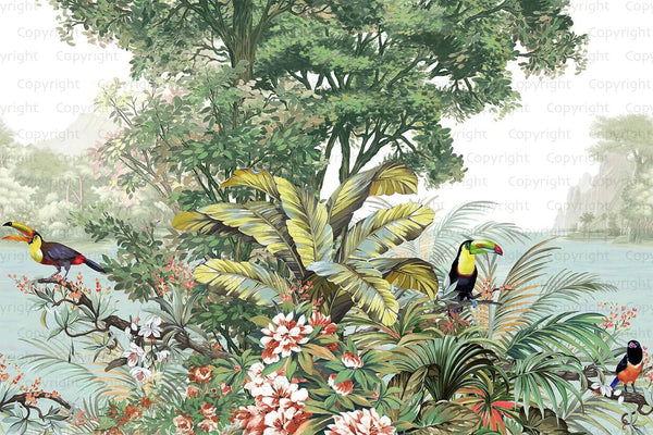 Tropical Wall Mural Art, Birds Forest Nature Theme Wallpaper, Interior Design Wall Covering, Non - Woven, Non - Pasted, Removable, Washable - Adawall Wallpaper - Registered Trade Accounts Only, Wallpaper Wholesale Account - A323-1 - Adawall Wholesale - Wallpaper Wholesaler