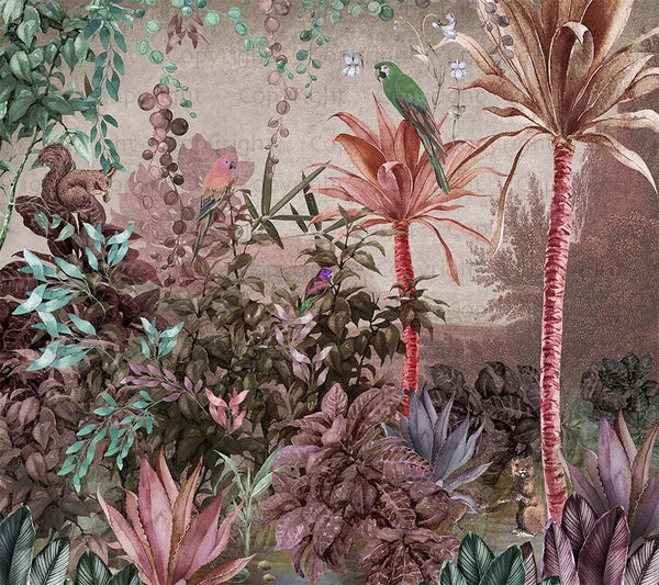 Tropical Wall Mural, Nature Palm Tree Green Parrot Wallpaper, Jungle Forest Theme, Non-Woven, Non-Adhesive, Removable, Exotic Wall Print Art, Interior Decor - Walloro High End Wallcoverings & More