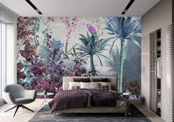 Tropical Wall Mural, Nature Palm Tree Purple Parrot Wallpaper, Jungle Forest Theme, Non - Woven, Non - Adhesive, Removable, Exotic Wall Print Art, Interior Decor - Adawall Wallpaper - Registered Trade Accounts Only, Wallpaper Wholesale Account - A315-3 - Adawall Wholesale - Wallpaper Wholesaler