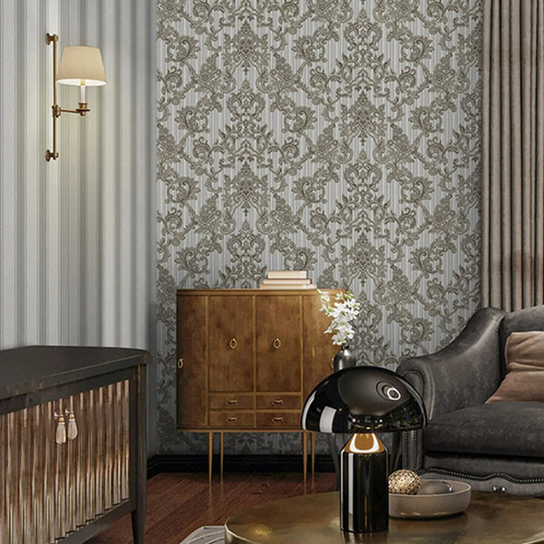 Victorian Damask Striped Wallpaper, Silver, Gray Rich Textured Embossed Wall Paper, Extra Wide 114 sq ft Roll, Wall Decor, Silver, Washable - Adawall Wallpaper - Registered Trade Accounts Only, Wallpaper Wholesale Account - 1305-5 - Adawall Wholesale - Wallpaper Wholesaler